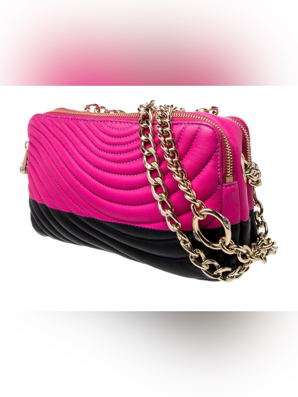 Henri Bendel Hot Pink and Black Leather Quilted Crossbody Bag w/ Gold-Tone Chain
